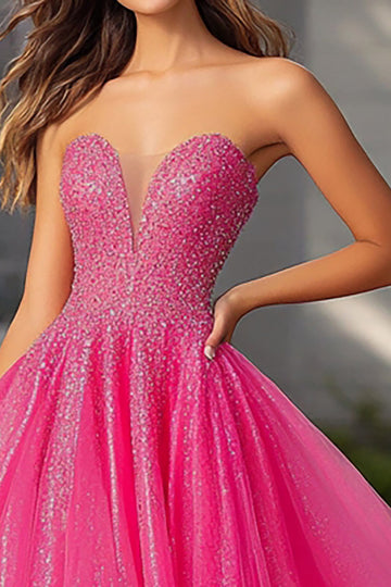 Sparkly Fuchsia A Line Strapless Long Formal Dress with Sequins